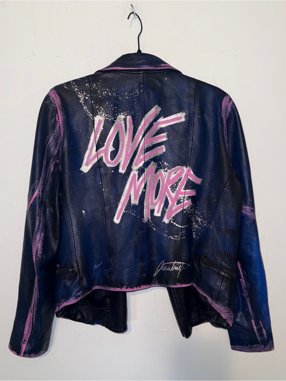 Painted Blue & Pink Distressed Leather Moto Jacket